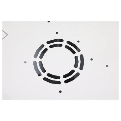 Una superficie bianca presenta un motivo di linee curve nere che formano una forma circolare con alcuni piccoli punti intorno.
