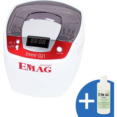 Detergente ultrasonico EMAG Emmi-D21 con display digitale, mostrato con una bottiglia di soluzione detergente EMAG.
