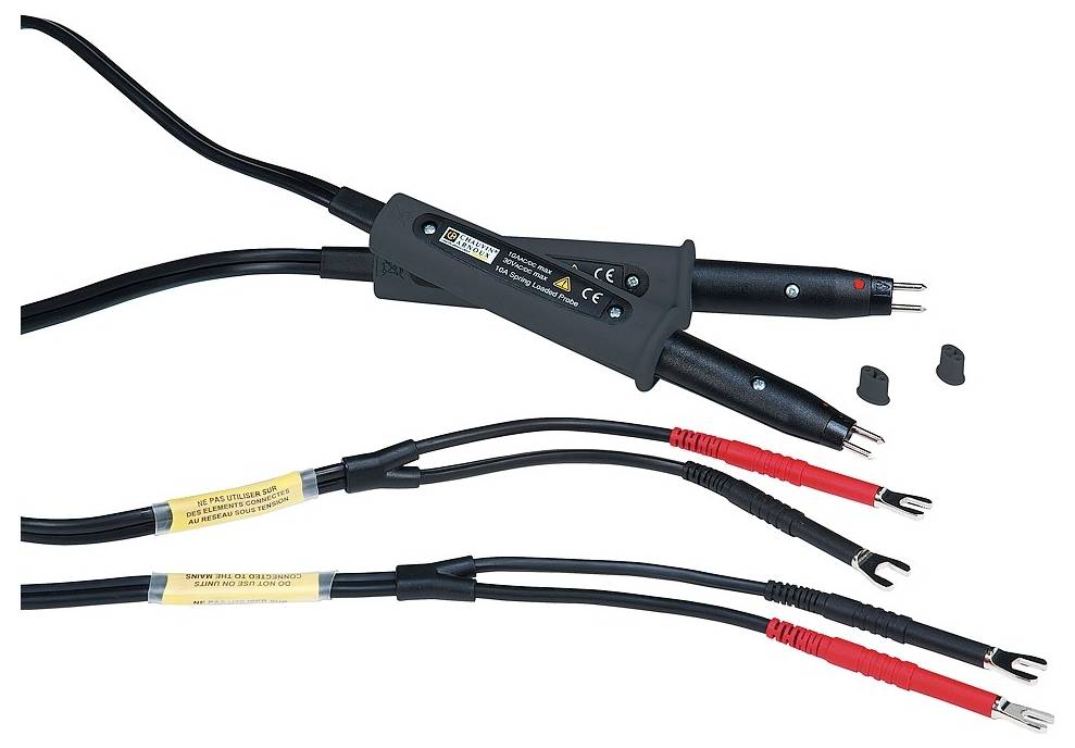 Cavi di prova elettrici con sonde isolate e morsetti di collegamento, adatti per test sicuri di tensione e continuità nei circuiti elettrici.