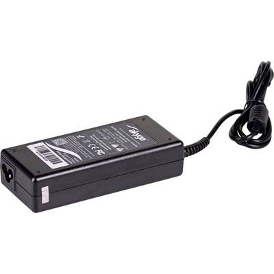 Alimentatore per laptop nero con cavo. L'etichetta contiene certificazioni di sicurezza e specifiche tecniche del dispositivo.