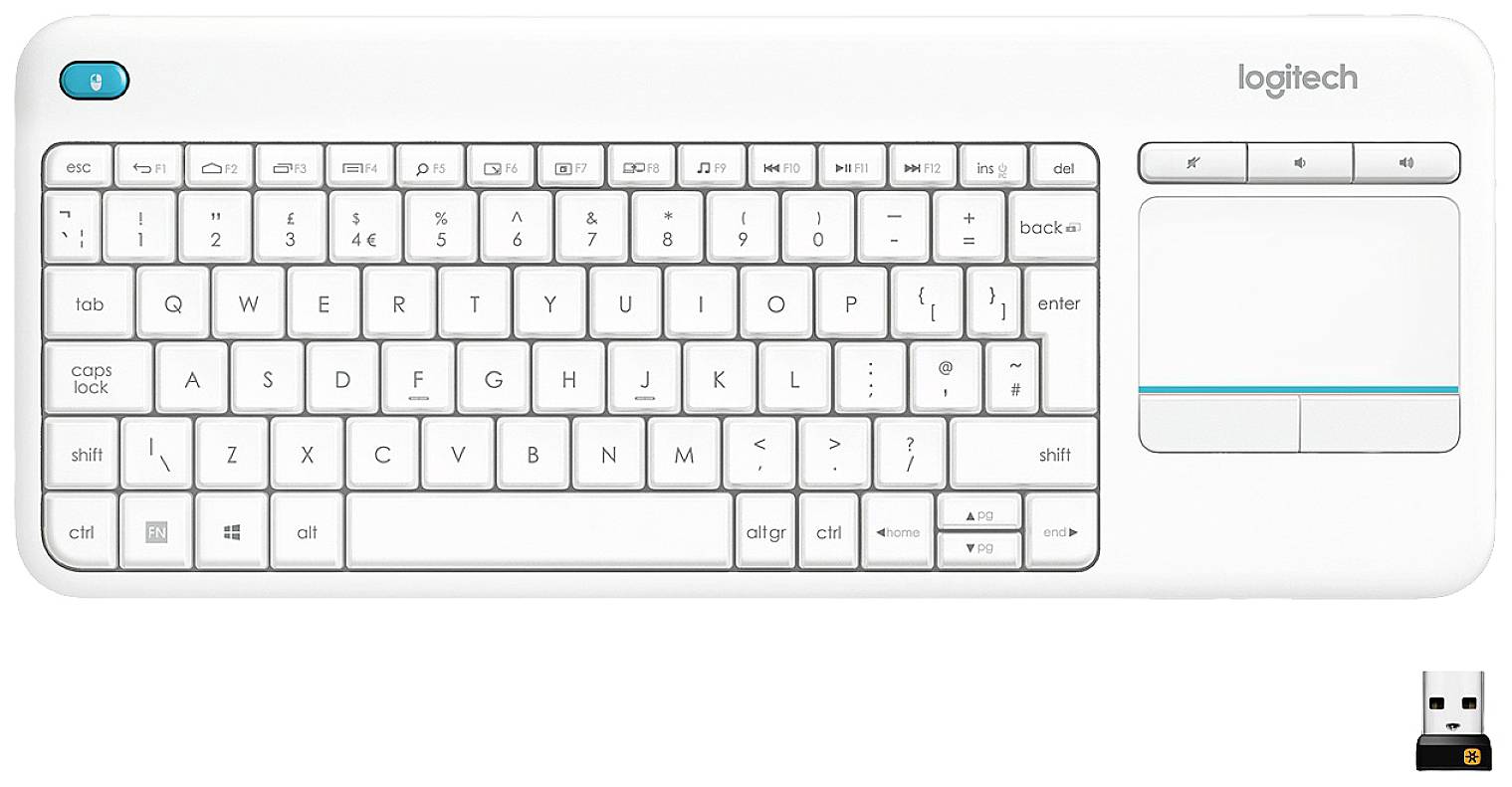 Logitech Wireless K400 Plus Senza fili (radio) Tastiera Tedesco, QWERTZ Bianco Touchpad integrato, Tasti del mouse