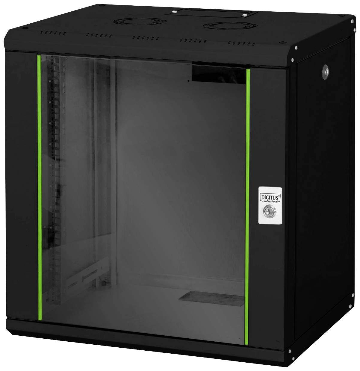 Rack per server con porta in vetro e dettagli verdi, idoneo per il montaggio a parete. Offre spazio per l'alloggiamento sicuro dei componenti server.