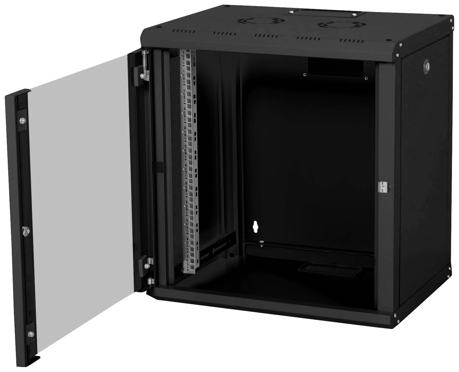 Un armadio di rete nero da parete con porta aperta, che mostra l'interno con guide di montaggio per dispositivi di rete.