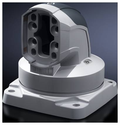 Un connettore industriale grigio con bordi arrotondati su una base quadrata, illuminato su uno sfondo scuro.