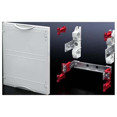 Coperchio e telaio di montaggio per quadro elettrico; mostra i vari componenti di montaggio necessari per l'installazione.