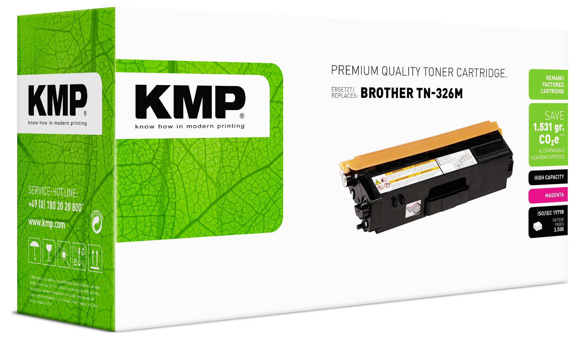 Scatola di cartuccia di toner di qualità premium KMP per Brother TN-326M, con una cartuccia nera e arancione raffigurata su confezione bianca e branding KMP verde.