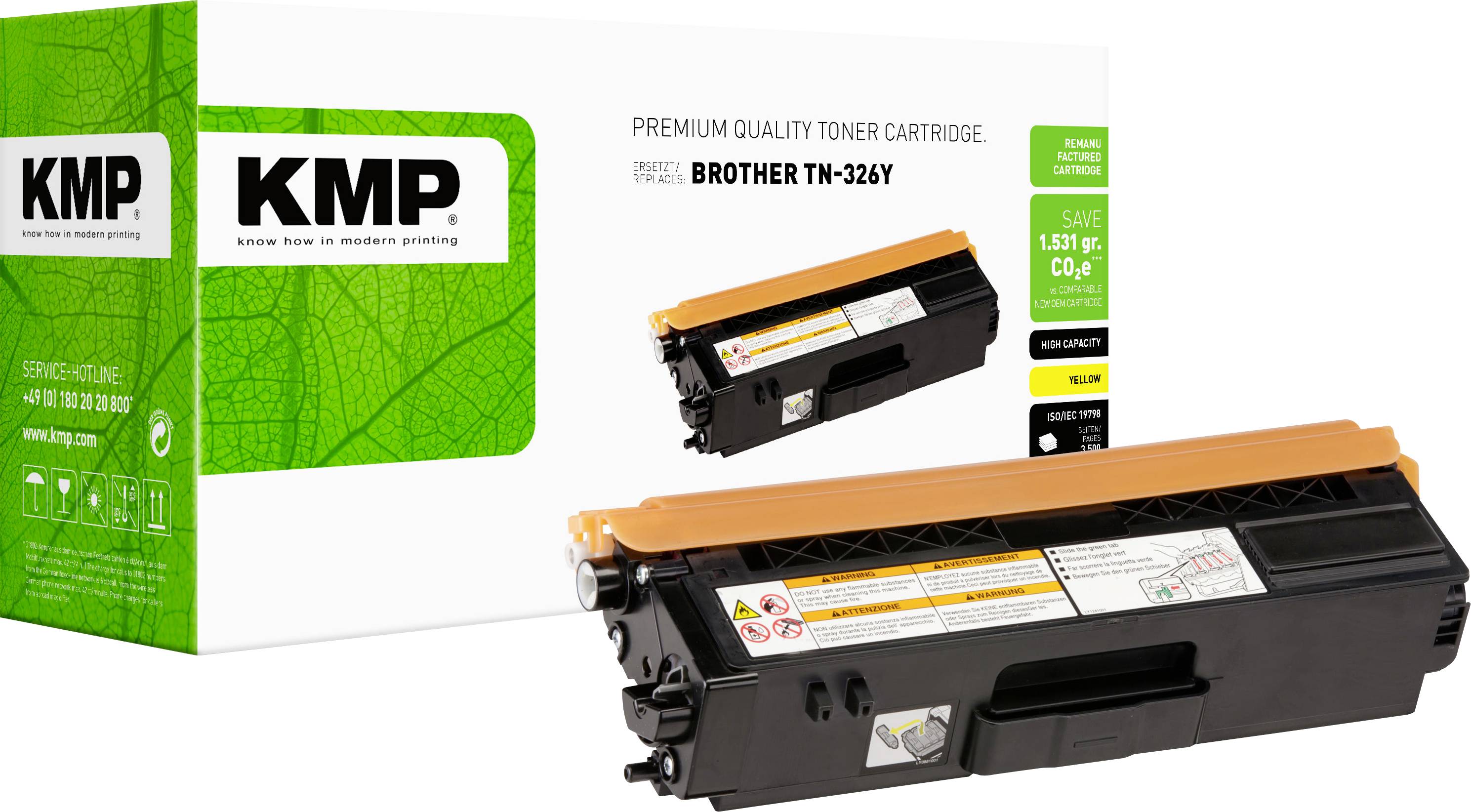 Cartuccia di toner di qualità premium KMP per Brother TN-326Y, mostrata con confezione del prodotto e due cartucce di toner nere su sfondo bianco.