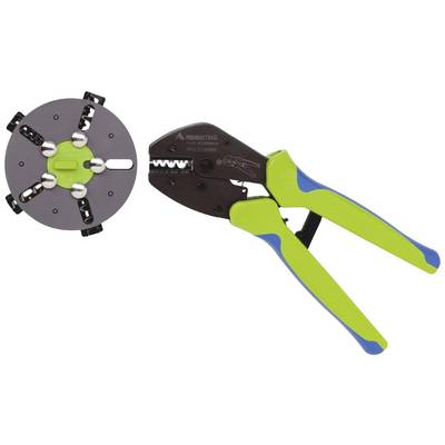 Un paio di pinze per crimping verde e blu accanto a un accessorio utensile rotondo. Entrambi i componenti sono destinati all'isolamento dei cavi.