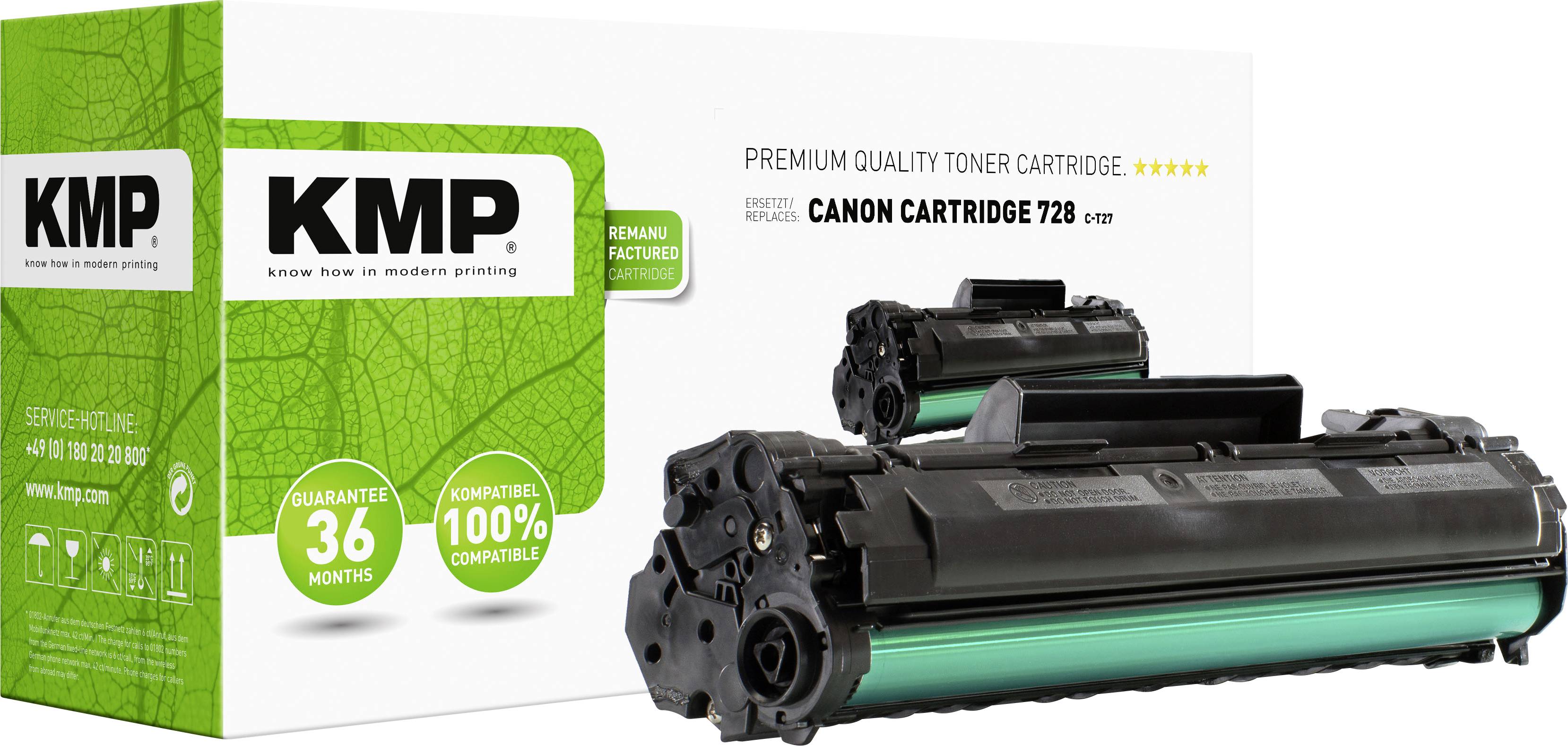 Cartuccia toner KMP per stampanti Canon 728 in confezione. 36 mesi di garanzia, 100% compatibile. Qualità premium, cartuccia verde.