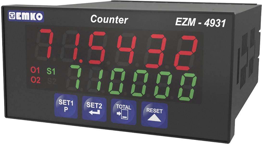 Contatore digitale della marca Emko, modello EZM-4931, mostra i numeri 715432 in rosso e 710000 in verde. Tasti per le impostazioni e l'azzeramento.