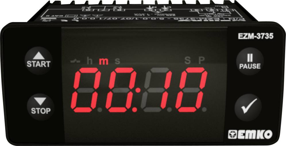 Timer digitale con display LED rosso che mostra '00:10', tasti per Avvio, Pausa, Ore e Minuti. Marca Emko, Modello EZM-3735.