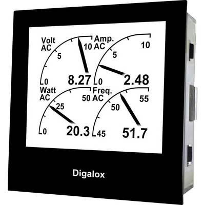 Un dispositivo di misurazione digitale mostra valori di tensione, corrente, watt e frequenza con le seguenti indicazioni: 'Volt AC 8,27', 'Amp AC 2,48', 'Watt AC 20,3', 'Freq. 51,7'.