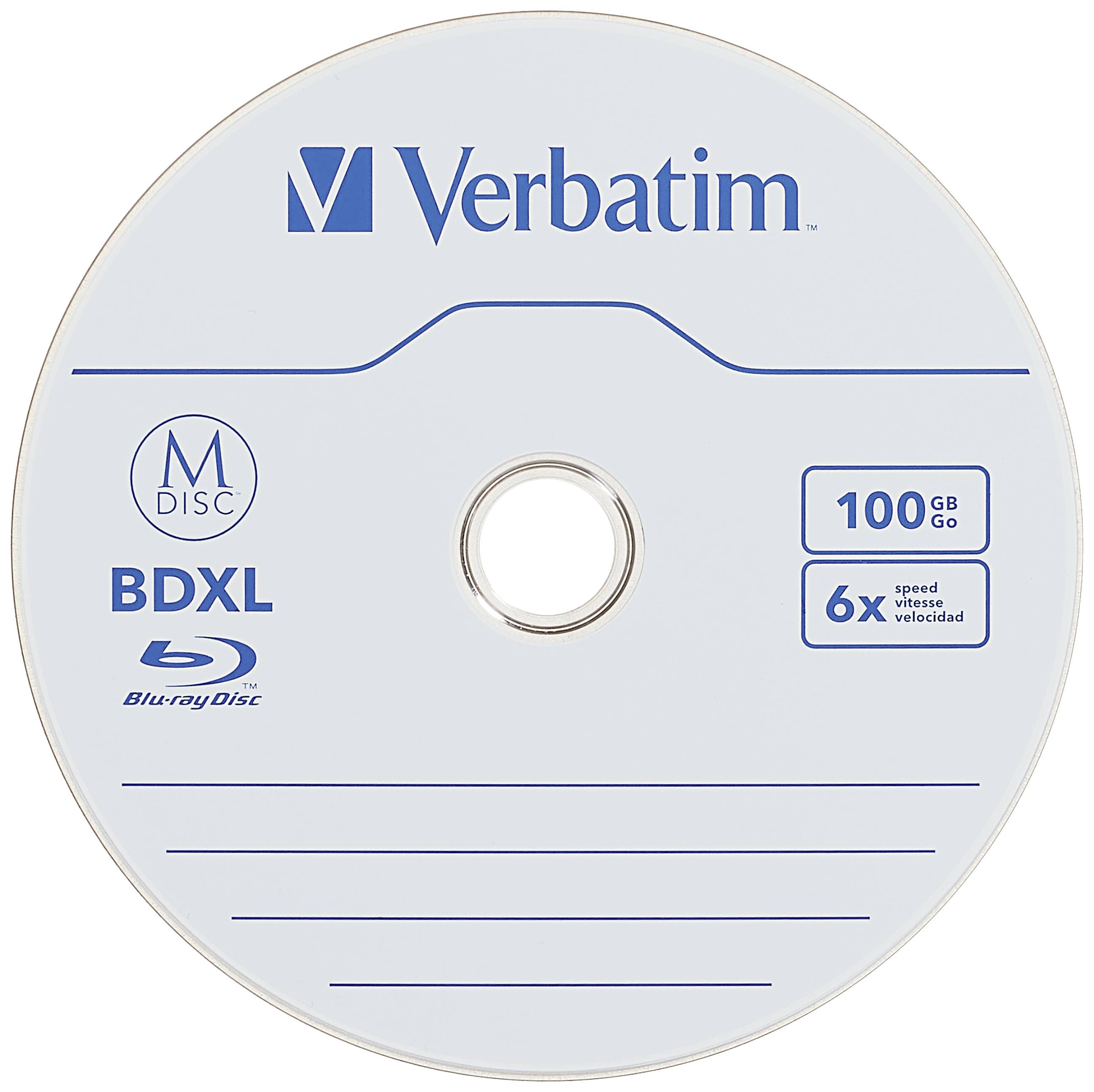 Un disco Blu-ray Verbatim da 100 GB con velocità di scrittura 6x. Contiene linee per l'etichettatura.