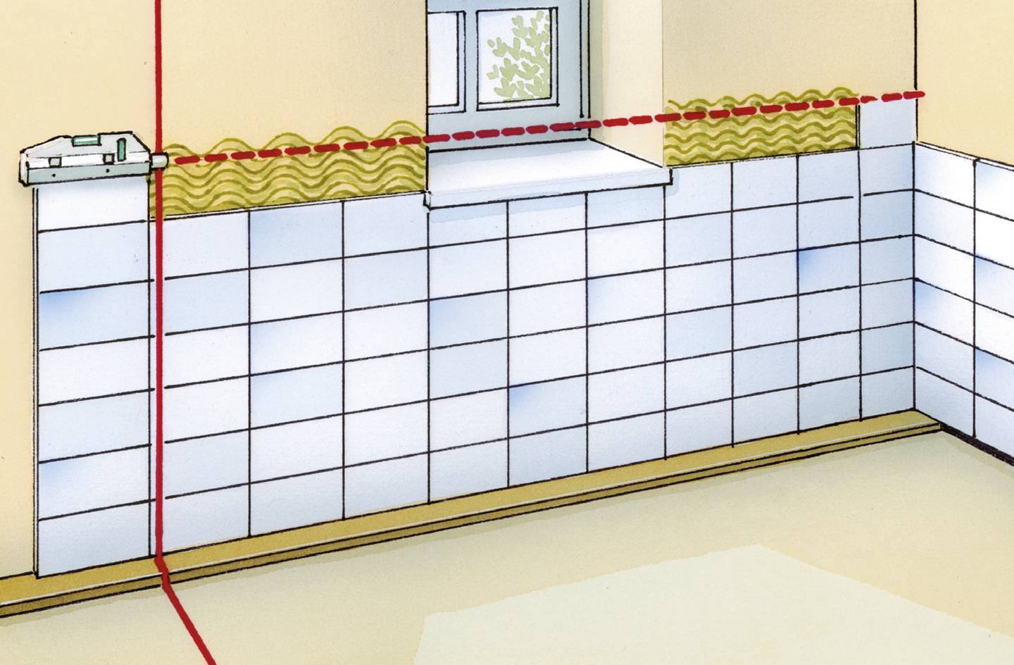 Un dispositivo di livellamento laser proietta linee sul muro per allineare perfettamente le piastrelle. Davanzale e motivo ondulato sono visibili.
