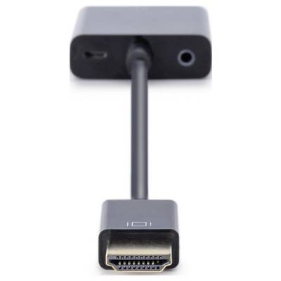 Un adattatore HDMI nero con connettore USB-C e ingresso per cavo audio.