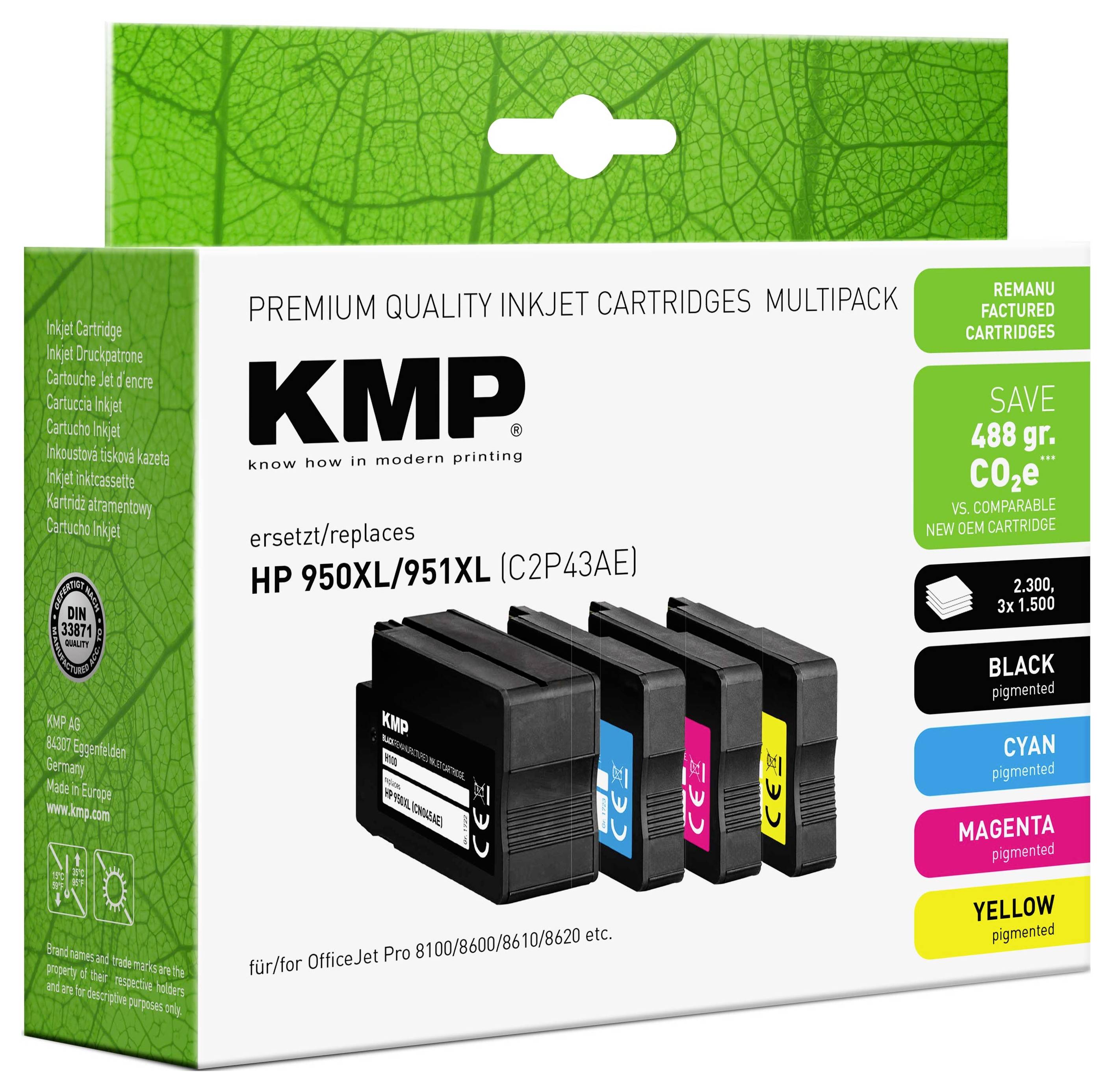 Confezione multipla di cartucce inkjet di qualità premium KMP per HP 950XL/951XL, con cartucce nera, ciano, magenta e gialla, e modelli di stampanti compatibili.