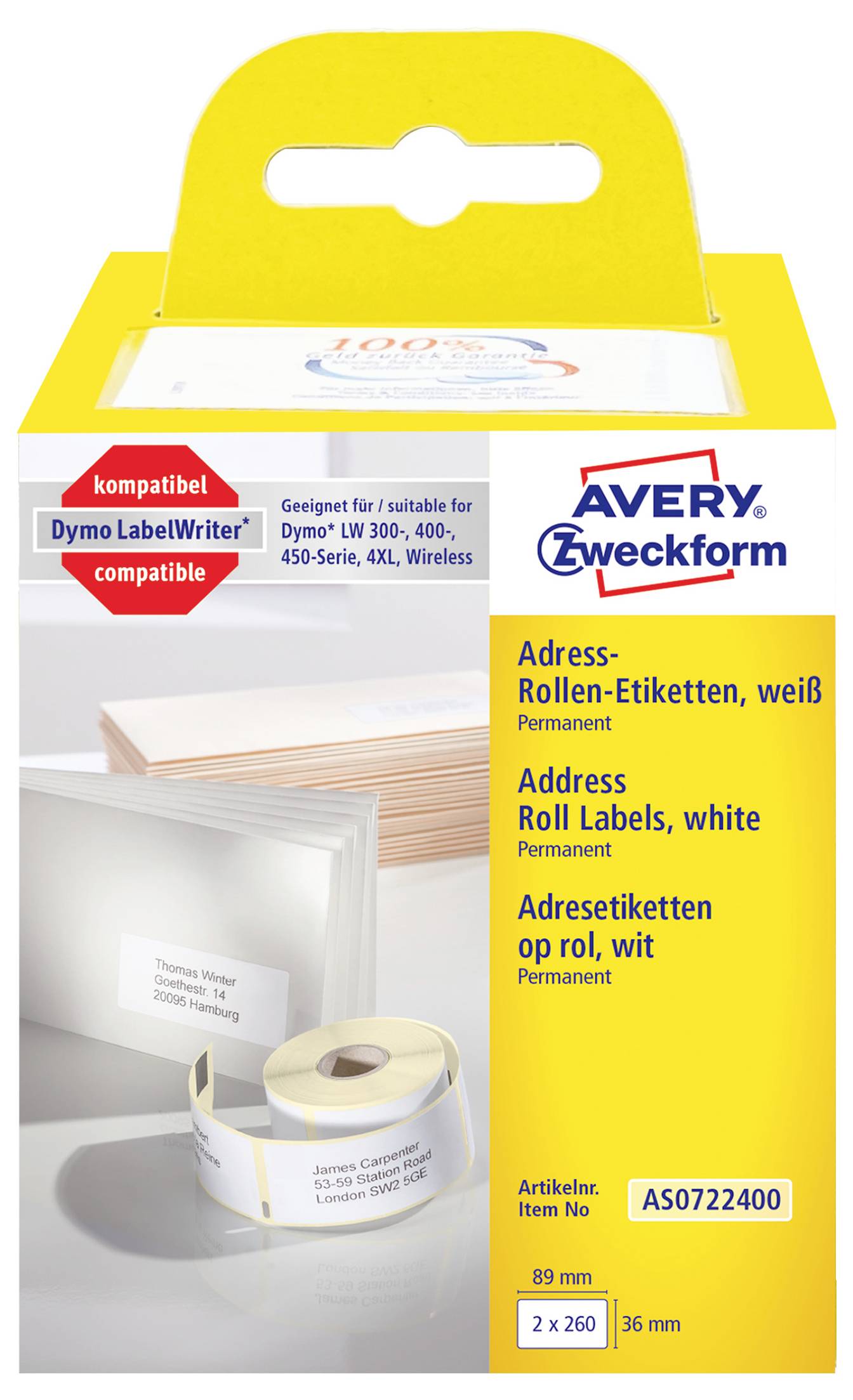 Confezione di etichette adesive AVERY Zweckform bianche permanenti per indirizzi in rotolo, compatibili con Dymo LabelWriter e di dimensioni 89 mm x 36 mm, 2 x 260 etichette, articolo AS0722400.