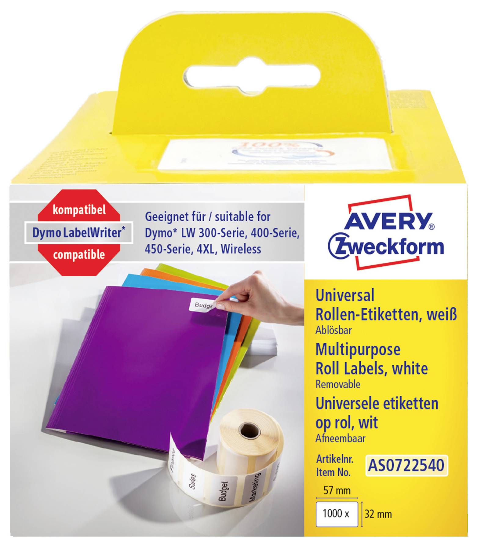 Confezione di etichette universali su rotolo Avery Zweckform, etichette bianche rimovibili per Dymo LabelWriter e stampanti simili, articolo AS0722540, 57 mm x 32 mm, 1000 etichette.