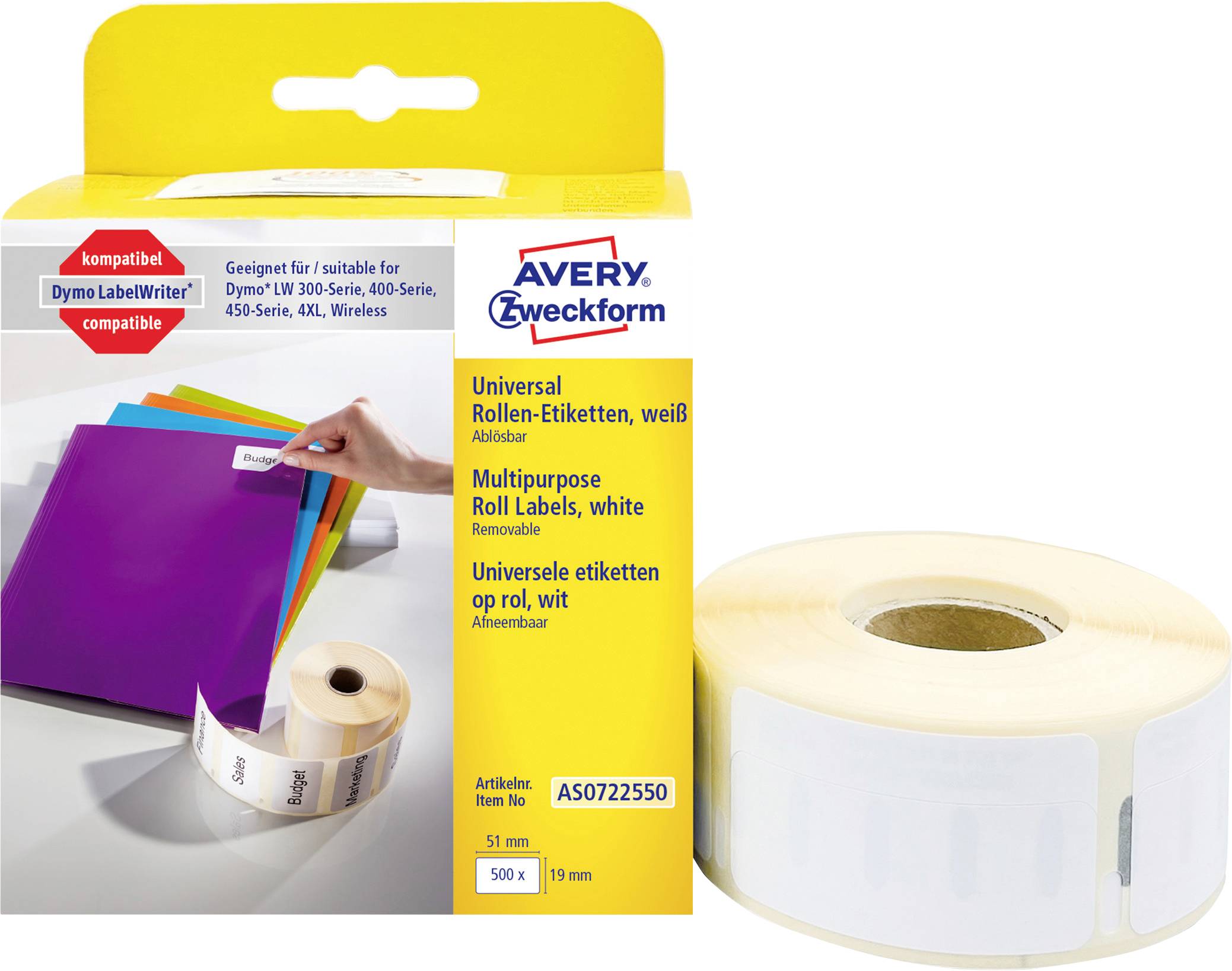 Confezione di etichette a rotolo universali Avery Zweckform, bianche, con una bobina di etichette a rotolo mostrata accanto; compatibili con stampanti Dymo LabelWriter.