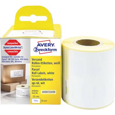 Una scatola gialla con etichette adesive bianche per spedizioni del marchio Avery Zweckform. Compatibili con Dymo LabelWriter.