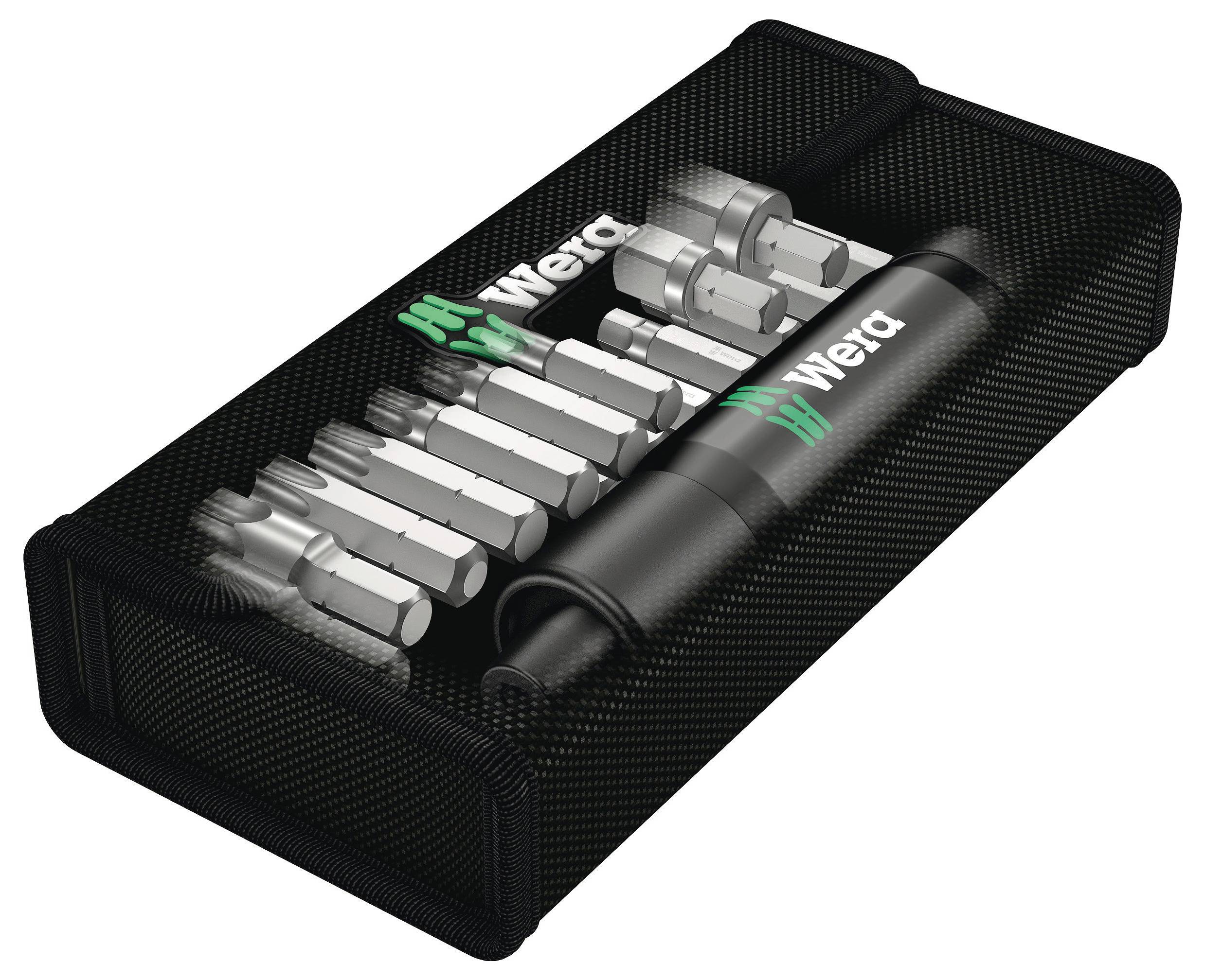 Un set di bit di Wera con vari inserti e un portabit in un astuccio nero, adatto per diversi lavori di avvitamento.