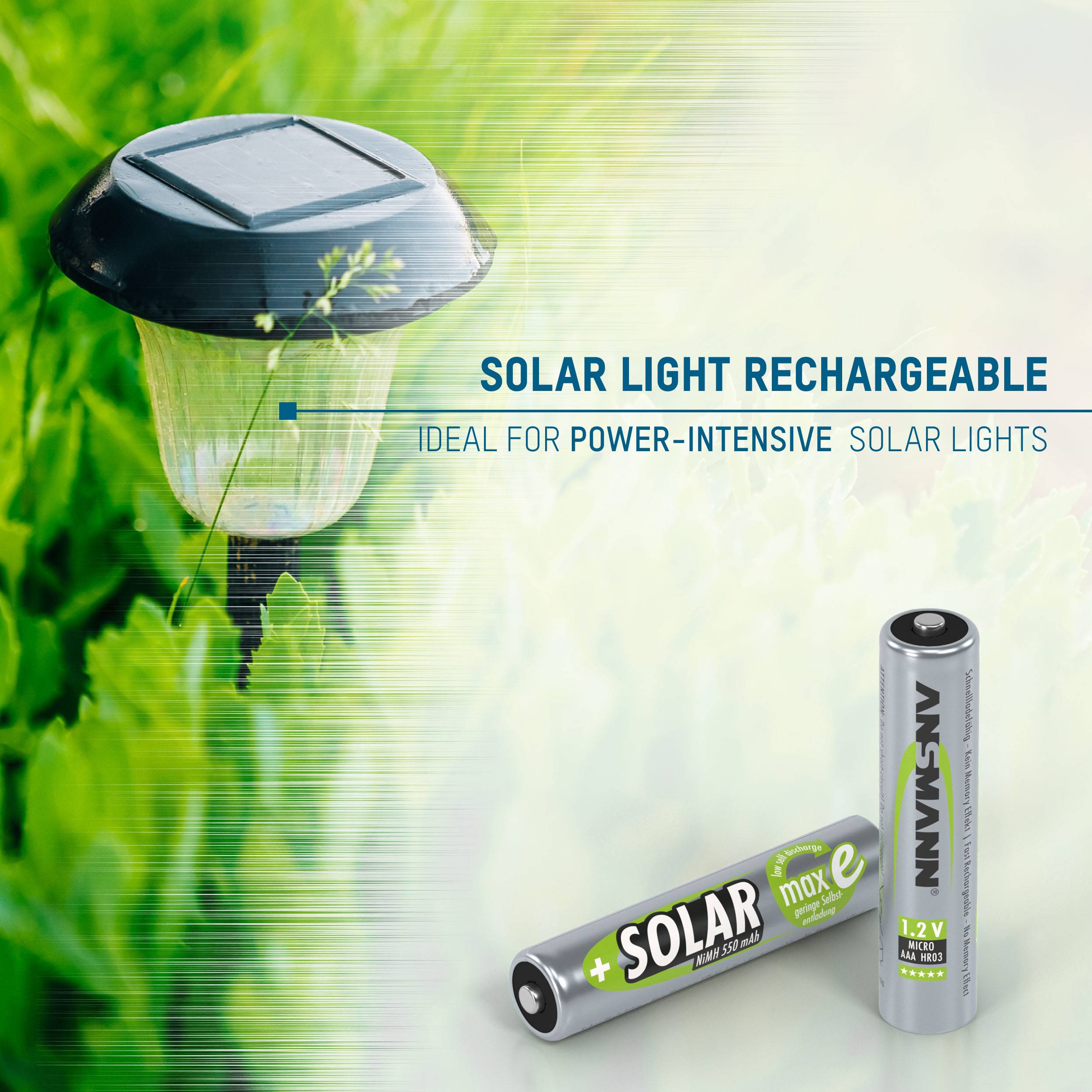 Lampada solare da giardino con batteria ricaricabile. Testo: 'Solar Light Rechargeable', ideale per luci solari ad alto consumo energetico.