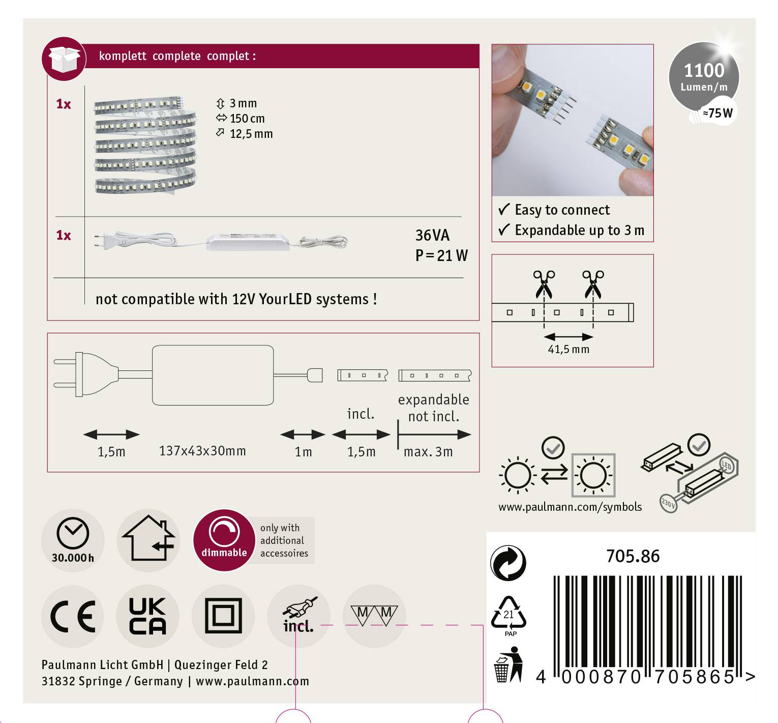 'Istruzioni di installazione per striscia LED: larghezza 3 mm, lunghezza 150 cm, 36V, 21W. Facile da collegare, compatibile con 1100 lumen, dimmerabile.'