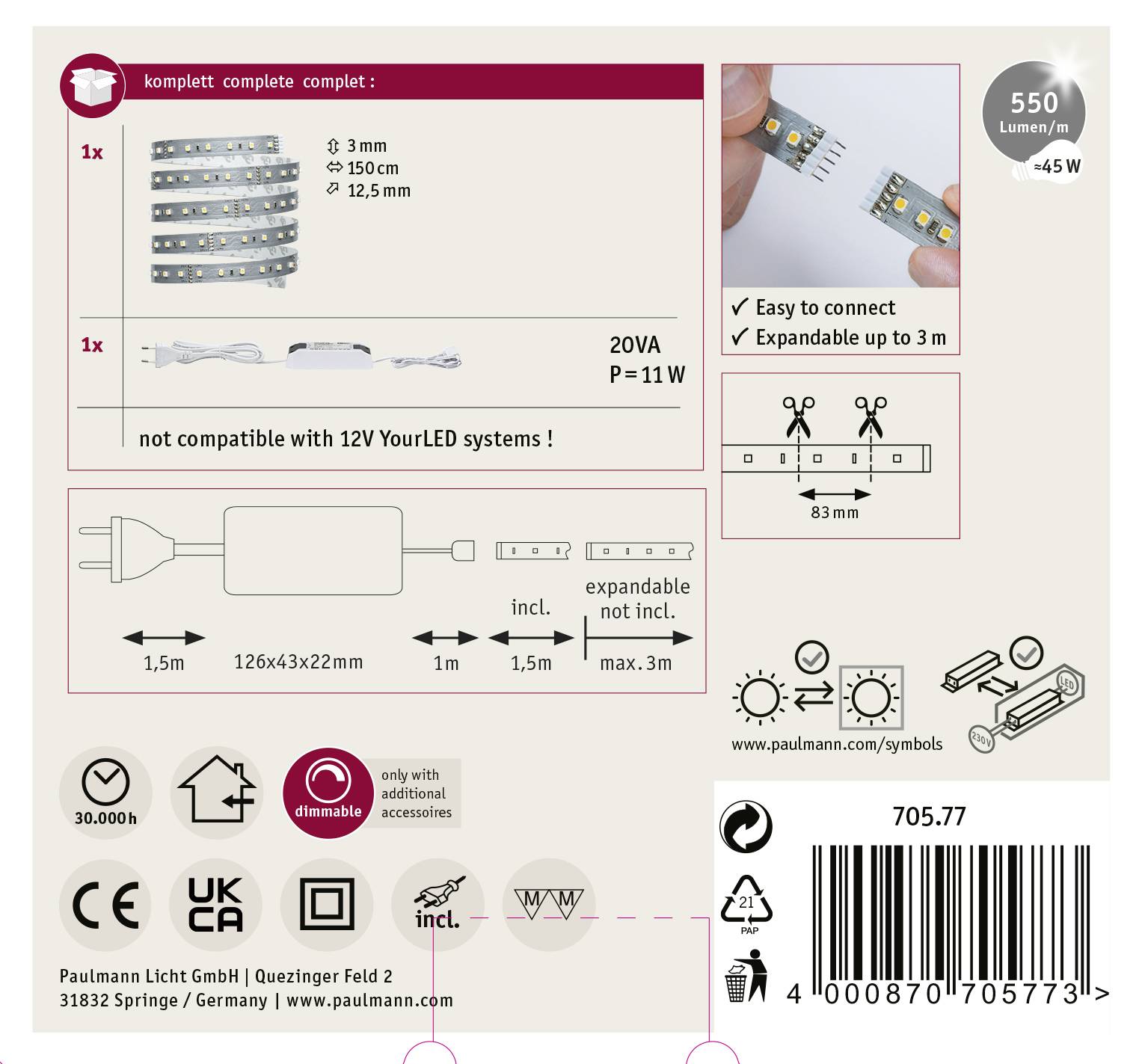 Retro della confezione con set di strisce LED. Contiene tre strisce in due lunghezze, istruzioni di montaggio, avviso di compatibilità e specifiche tecniche.