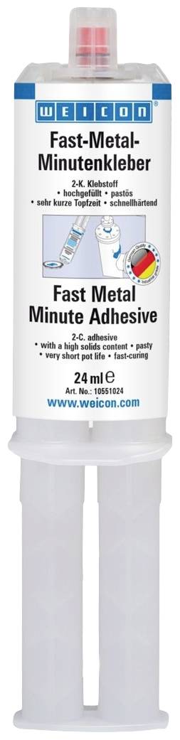 Doppia siringa con adesivo metallico rapido Weicon, adesivo bicomponente, trasparente, ad asciugatura veloce, contenuto 24 ml.
