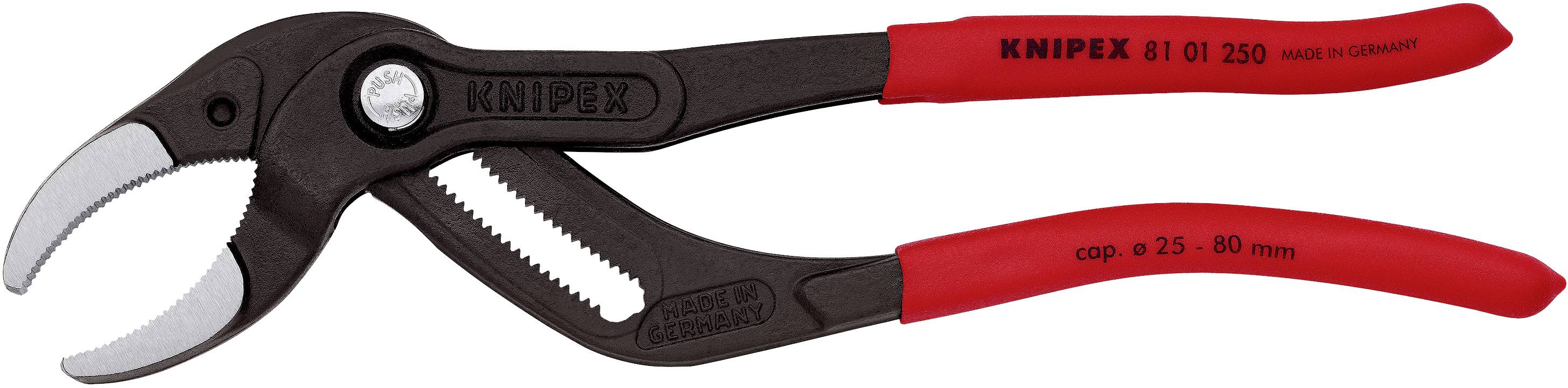 Pinza regolabile per pompa dell'acqua con impugnature rosse e mascelle regolabili. Adatta per afferrare tubi con diametro da 25 a 80 mm.