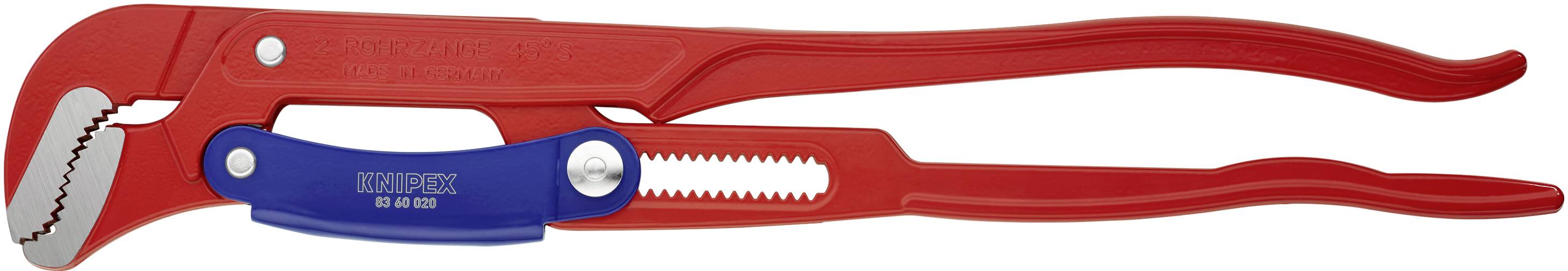 Una pinza regolabile rossa con manico blu e superficie dentata, adatta per afferrare e ruotare tubi.