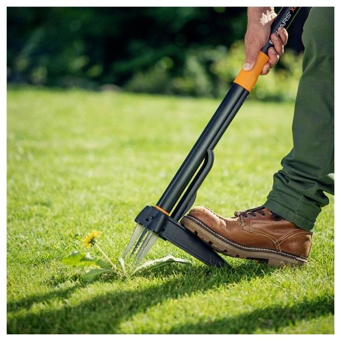 Una persona che utilizza un attrezzo da giardino per rimuovere un dente di leone dal prato, dimostrando una rimozione efficiente delle erbacce senza doversi chinare.