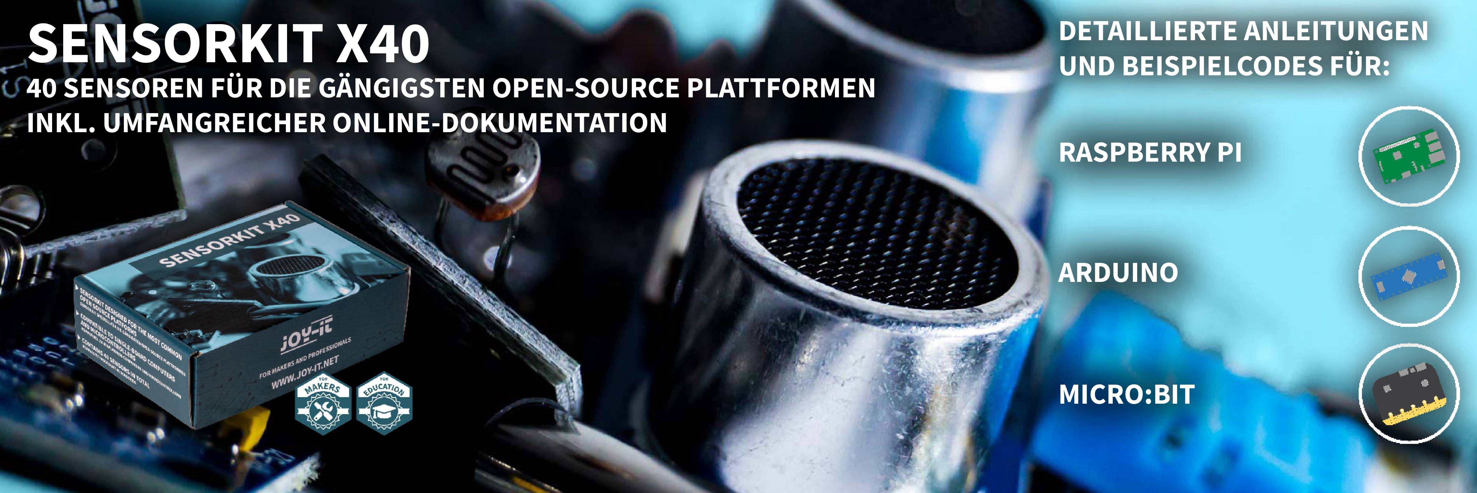 'Sensorkit X40: 40 sensori per piattaforme open source con documentazione online. Include guide per Raspberry Pi, Arduino, Micro:bit.'