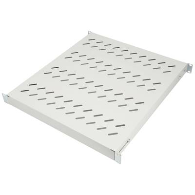 Uno scaffale metallico forato a forma rettangolare. I fori sono disposti in modo uniforme e lo scaffale presenta elementi di fissaggio agli angoli.