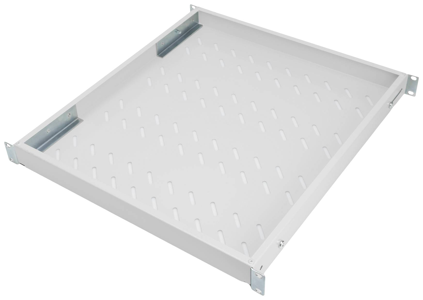 Cassetto in metallo con fondo forato e guide laterali, idoneo per l'installazione in un sistema di scaffalature o armadi.