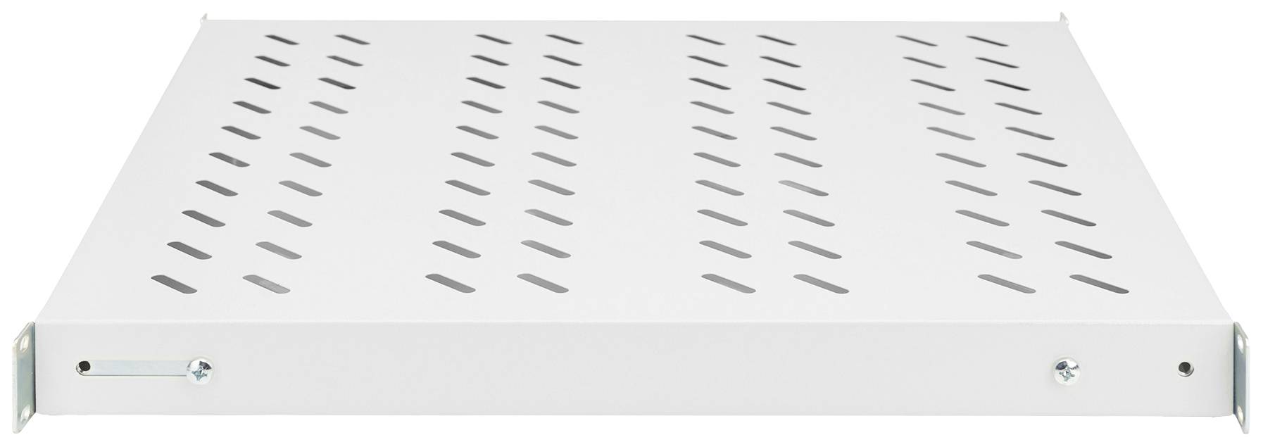 Un ripiano metallico bianco traforato con fessure diagonali, utilizzato in un armadio o scaffale per la ventilazione o lo stoccaggio.