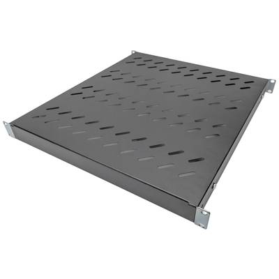 Scaffale metallico nero con fessure di ventilazione, idoneo per il montaggio in un rack server, mostrato in una vista diagonale.