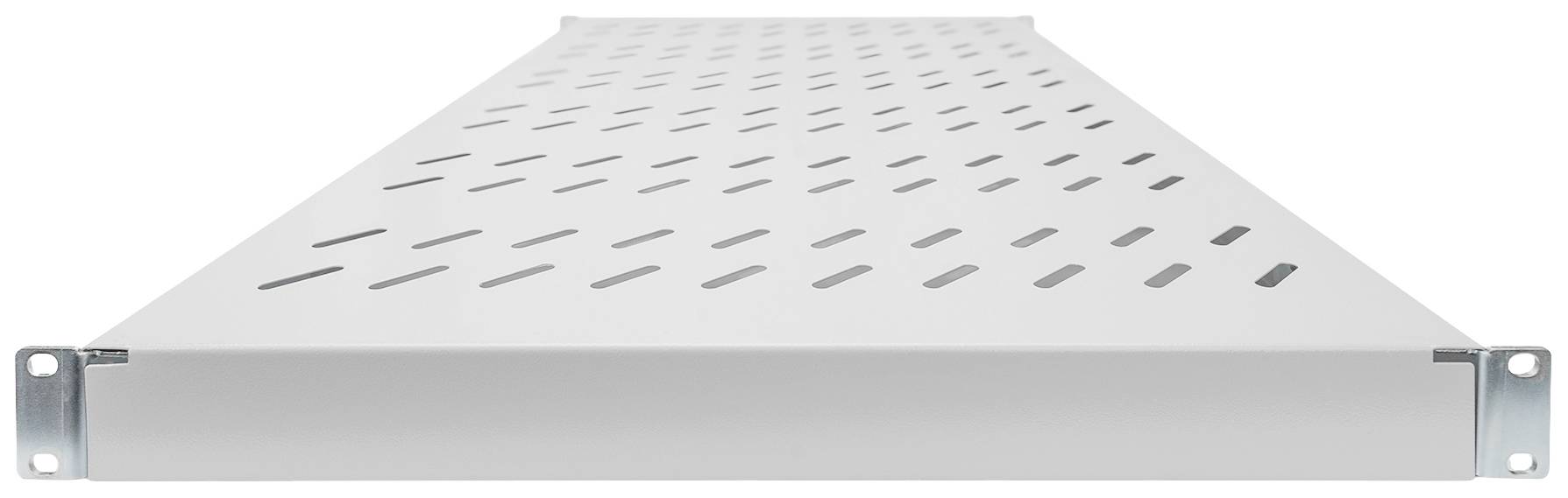Ripiano in metallo con numerosi piccoli fori di ventilazione diagonali. Supporti argentati alle estremità.