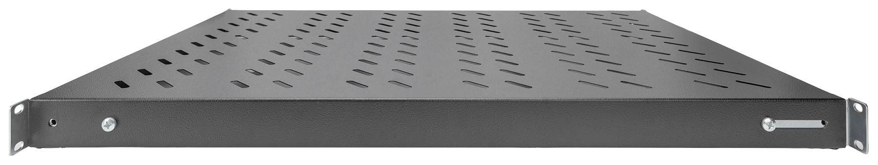 Un ripiano metallico nero piatto con fori, idoneo per il montaggio in un rack o armadio server, per supportare dispositivi.