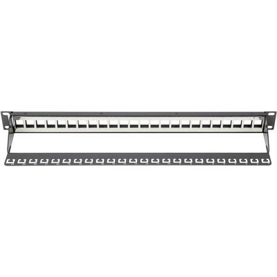 Patch panel vuoto con 24 porte, pronto per accogliere connettori di rete, per l'organizzazione e la gestione delle connessioni via cavo.