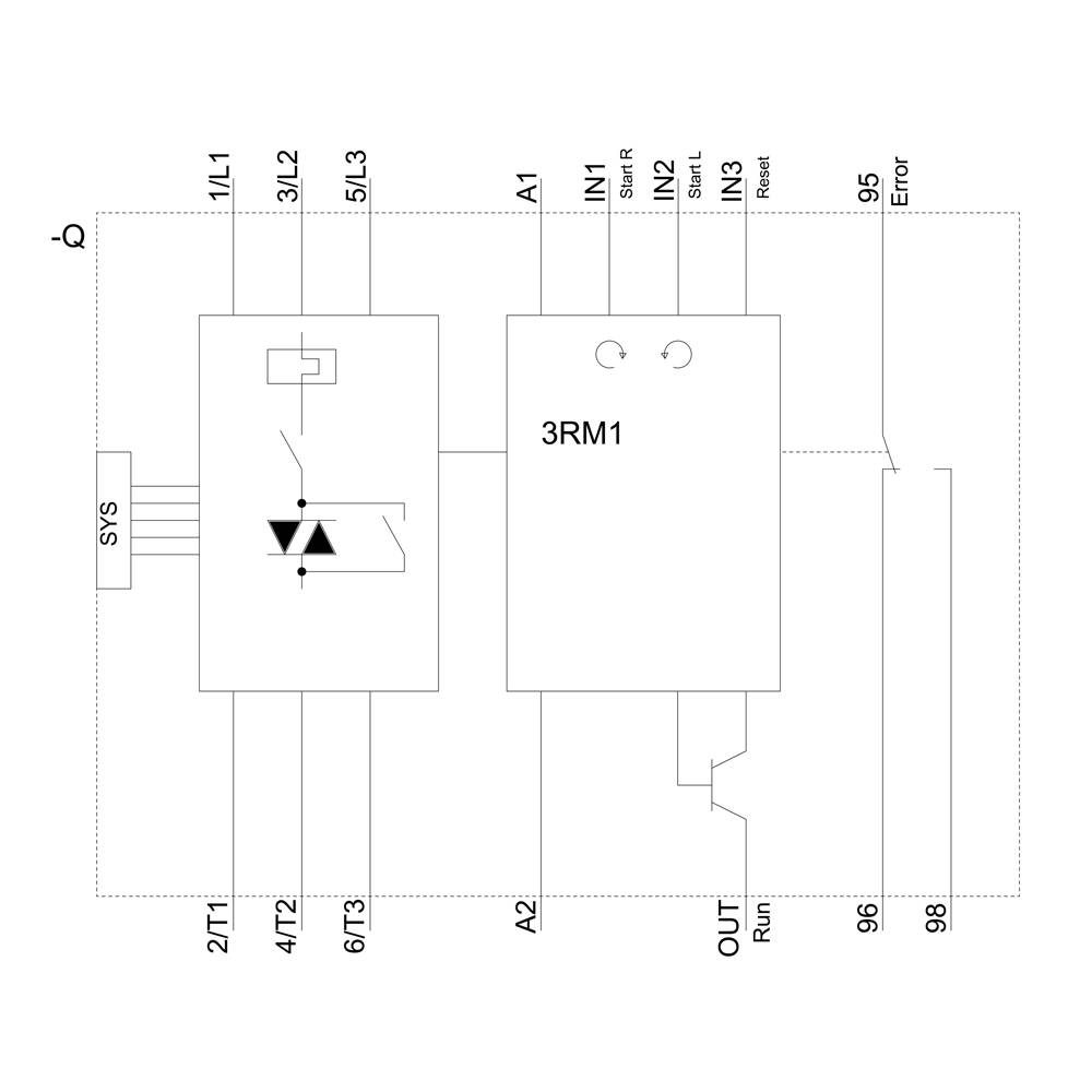 Schema elettrico con unità di controllo '3RM1', ingressi IN1, IN2, uscita OUT, ingresso di sistema. Mostra la connessione tra componenti e le loro funzioni.