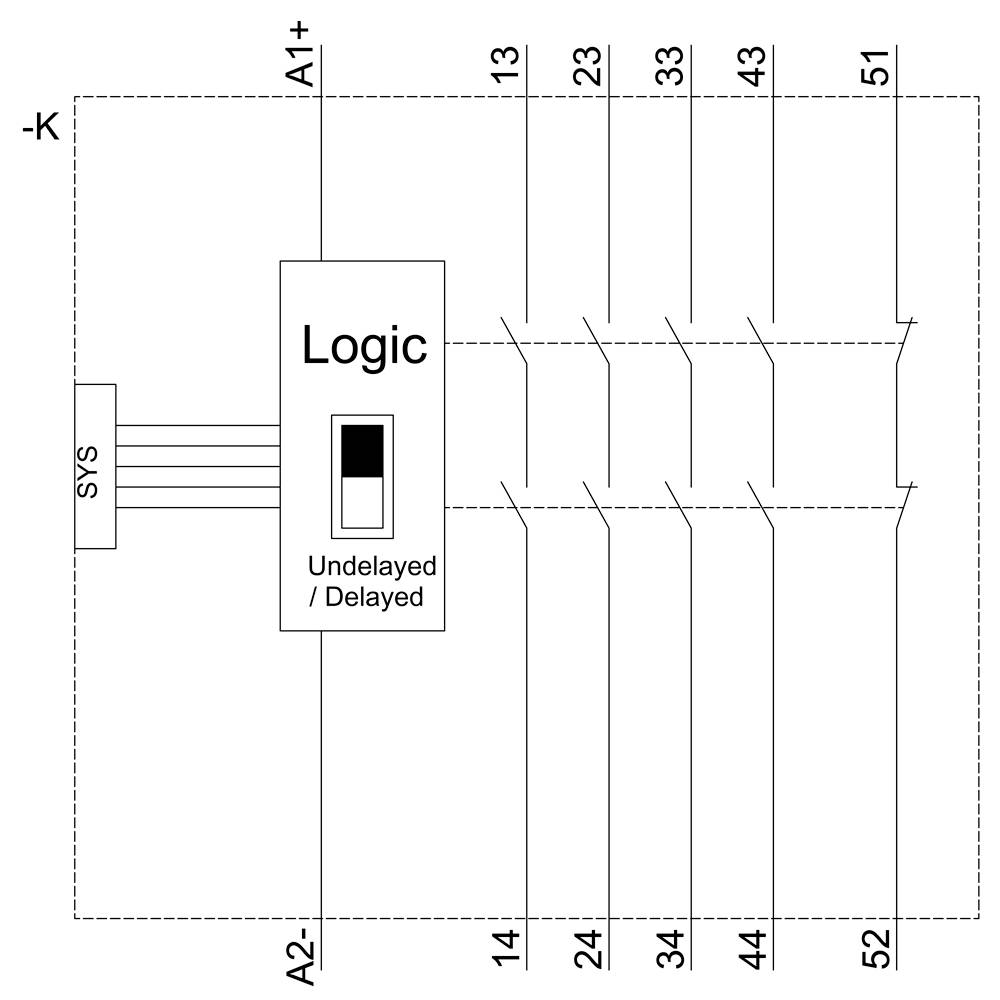 'Diagramma di circuito con unità logica. Ingressi A1+ e A2-, uscite da 13 a 52. Commutabile tra "Non ritardato" e "Ritardato".'