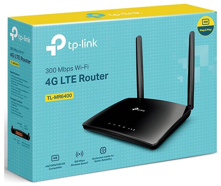Confezione del router WLAN di TP-Link, modello TL-MR6400 con supporto 4G LTE a 300 Mbps, raffigurazione del router blu scuro su sfondo giallo.