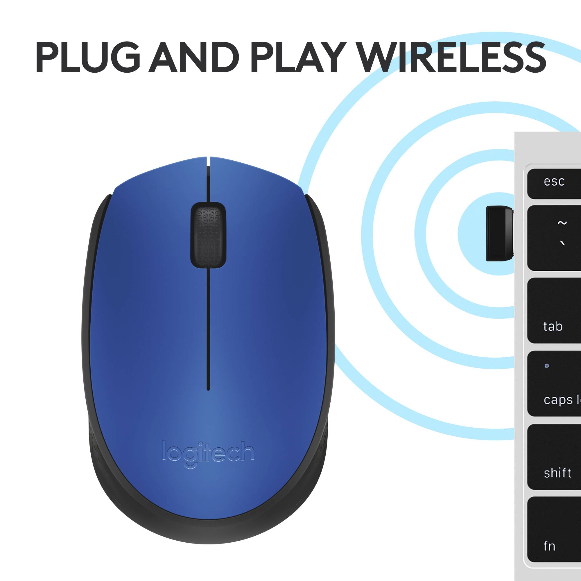 Mouse wireless blu Logitech con funzione plug-and-play. Testo a sinistra 'Plug-and-Play wireless'. Cerchi blu sullo sfondo.