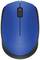 Un mouse wireless blu con rotella di scorrimento nera, con la scritta 'Logitech' in basso.
