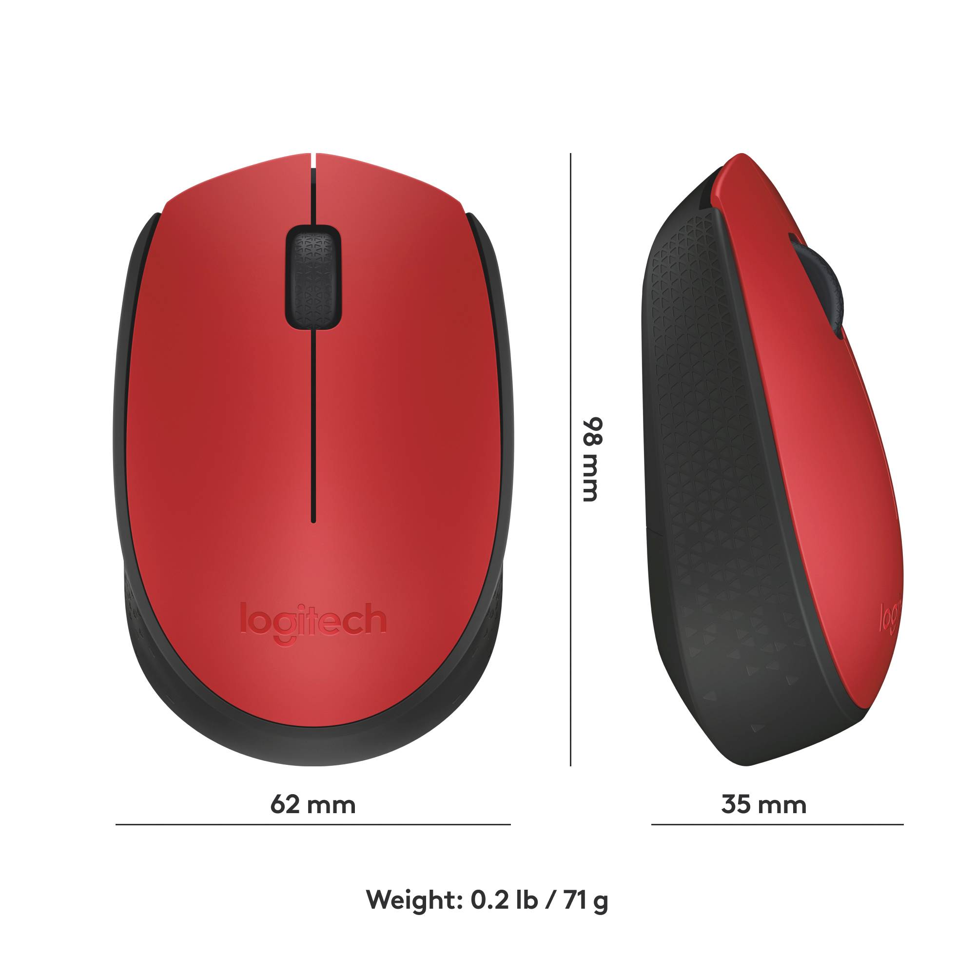 Un mouse da computer rosso wireless con dimensioni di 98 mm x 62 mm x 35 mm e un peso di 71 g. Il design porta il marchio Logitech.