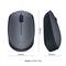 Mouse wireless grigio scuro, dimensioni: 98 mm x 62 mm x 35 mm, peso: 71 g. Vista dall'alto a sinistra, vista laterale a destra.