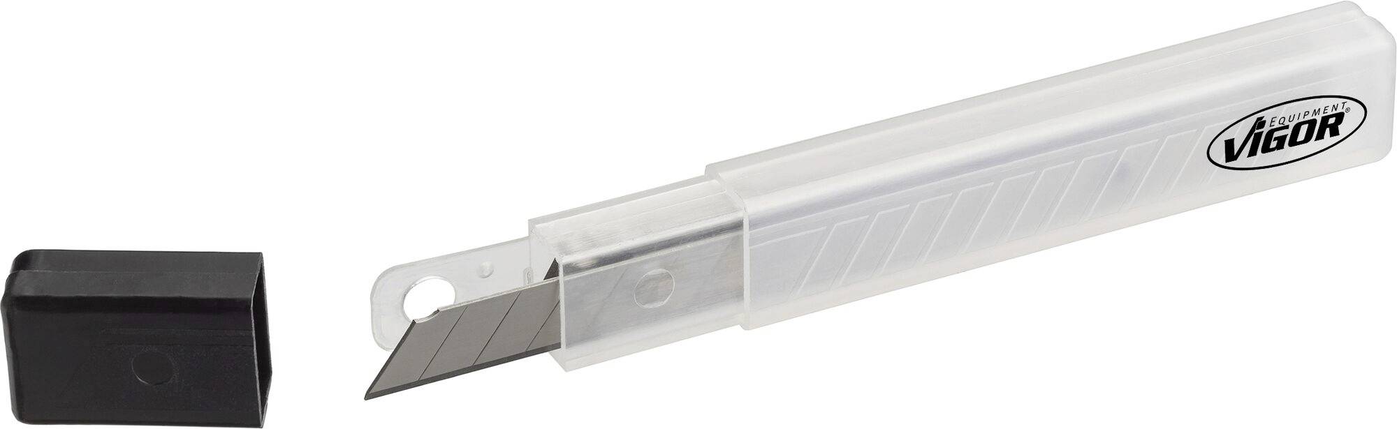 Coltello del marchio 'Vigor' con lame nere e protezione rimovibile in plastica.