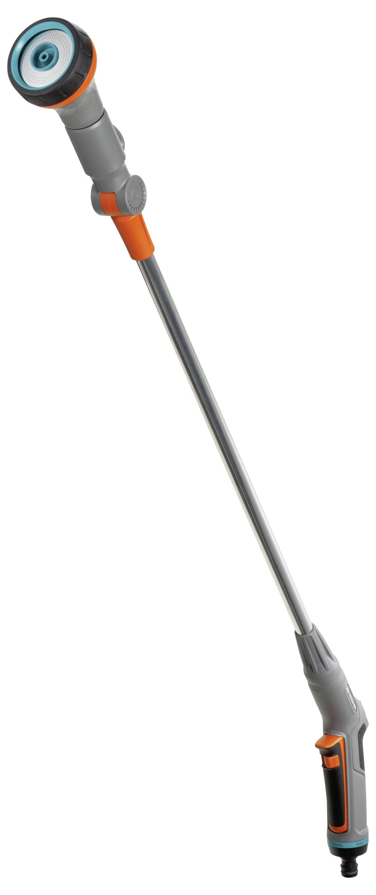 Tubo da giardino grigio con spruzzatore multiuso e ugelli diversi per vari modelli di getto, dotato di accenti arancioni.