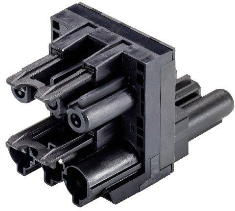 Connettore nero in plastica con più slot, tipicamente utilizzato per connessioni elettriche in dispositivi o computer.